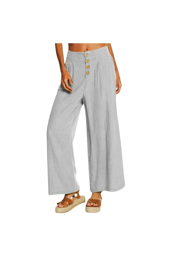 Wide Leg Pants for Women Cotton Linen Button Flat Front Loose Pleated High Waisted Palazzo Pant with Pockets Casual Solid Lightweight Baggy Trousers