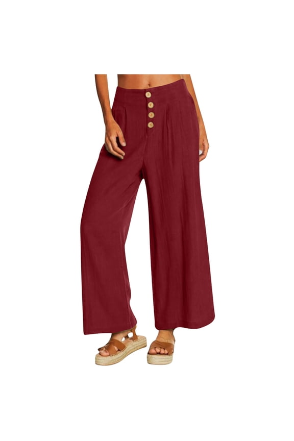 Wide Leg Pants for Women Cotton Linen Button Flat Front Loose Pleated High Waisted Palazzo Pant with Pockets Casual Solid Lightweight Baggy Trousers