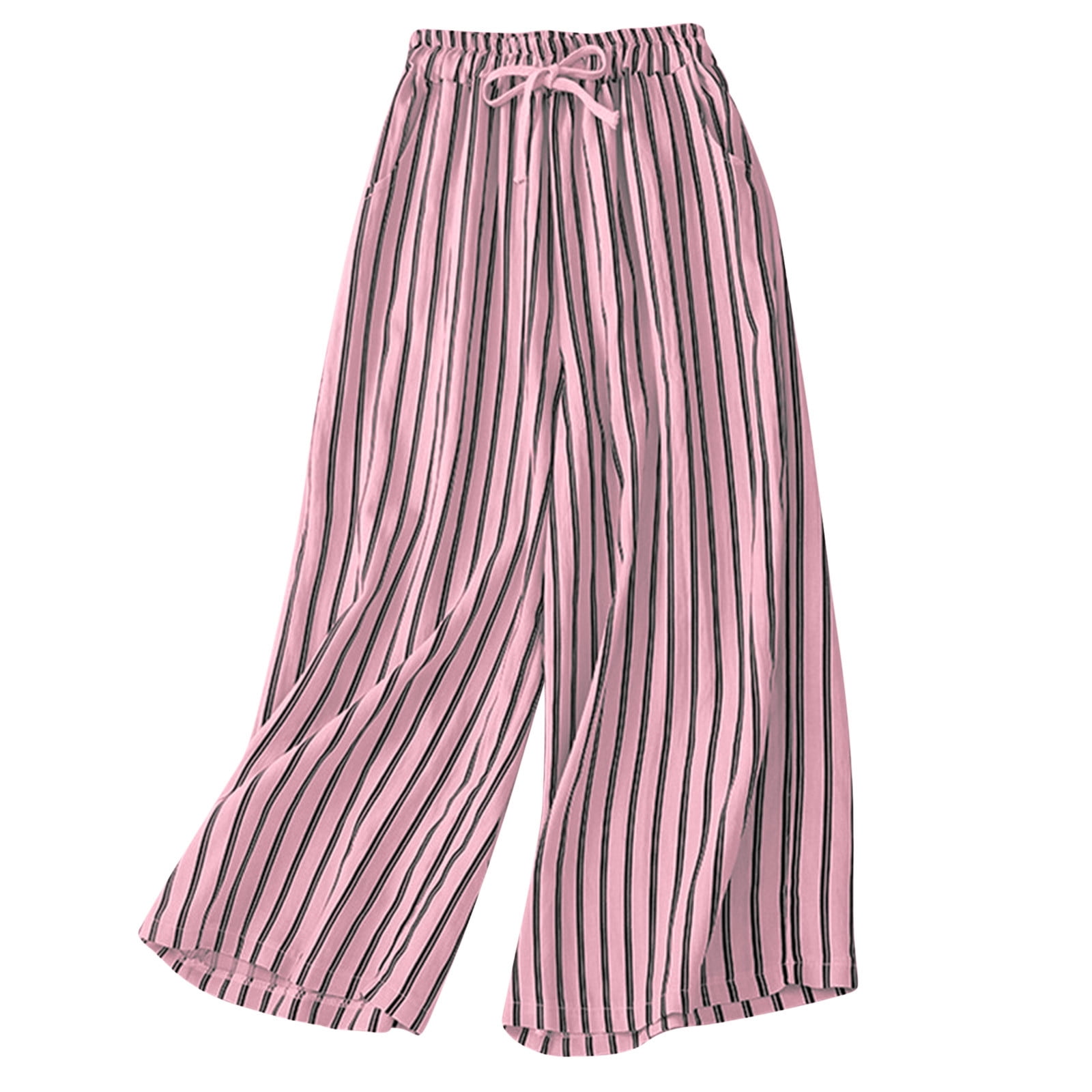 Wide Leg Pants for Women Cotton Linen Plus Size Stripes Elastic Waist  Lightweight Summer Casual Loose Beach Pants 