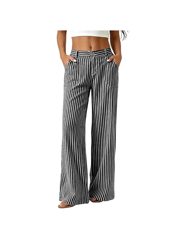 Wide Leg Pants for Women Cotton Stripe Flowy Palazzo Trousers with Pockets Casual Lounge Trousers Loose Fit Lightweight Work Slacks Pants