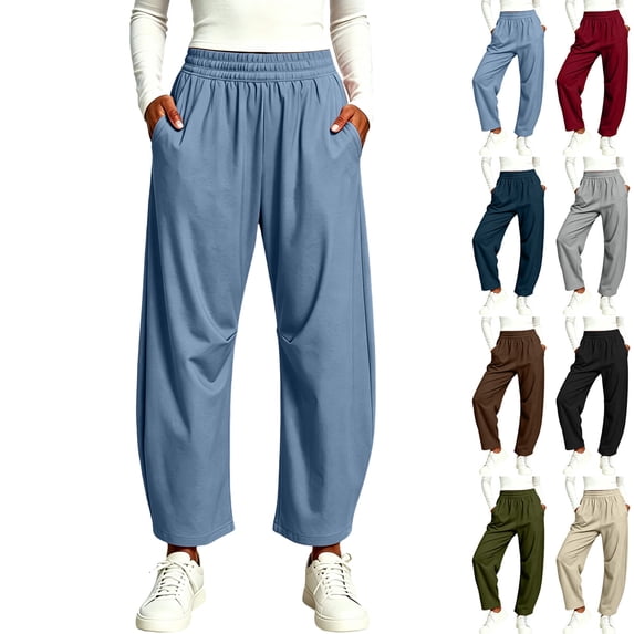 Wide Leg Pants for Women Dqueduo Women's High-Waisted Elastic Waist Pocket Pants – Casual Straight-Leg Trousers Blue L