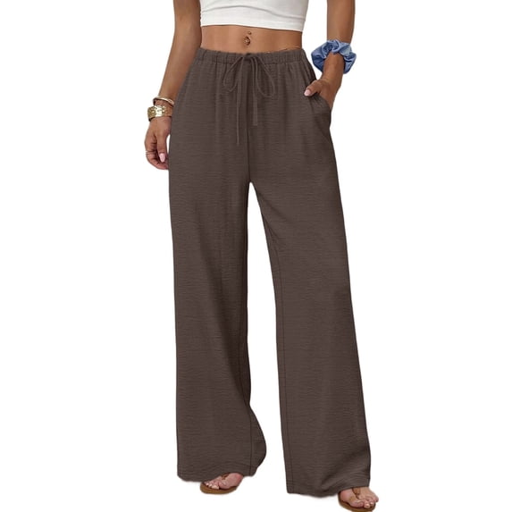 Wide Leg Pants for Women Drawstring Elastic Waist Trousers with Pockets Summer Vacation Clothes Brown XL
