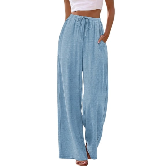 Wide Leg Pants for Women Drawstring Elastic Waist Trousers with Pockets Summer Vacation Clothes Light Blue S