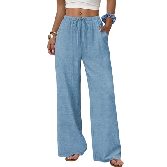 Wide Leg Pants for Women Drawstring Elastic Waist Trousers with Pockets Summer Vacation Clothes Light Blue XXL