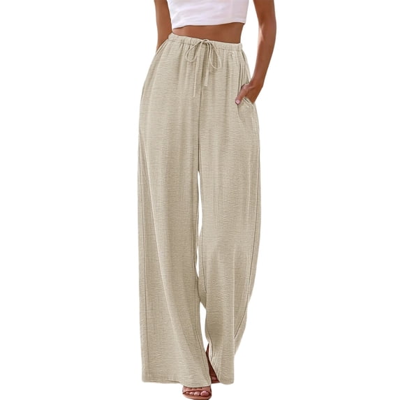 Wide Leg Pants for Women Drawstring Elastic Waist Trousers with Pockets Summer Vacation Clothes M