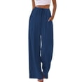 thumbnail image 1 of Wide Leg Pants for Women Drawstring Elastic Waist Trousers with Pockets Summer Vacation Clothes Navy Blue L, 1 of 9