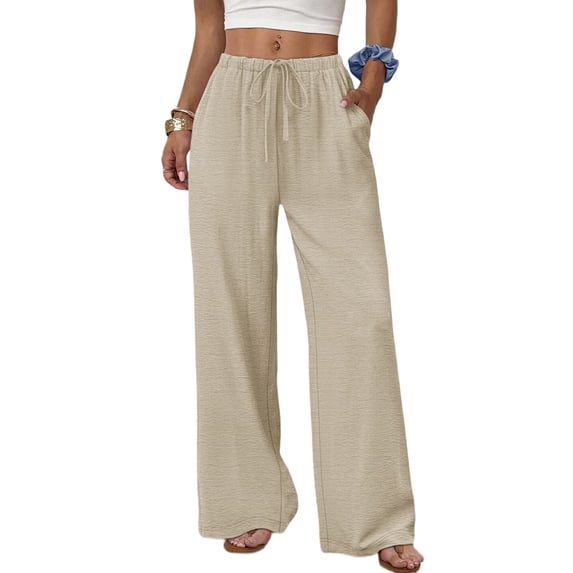 Wide Leg Pants for Women Drawstring Elastic Waist Trousers with Pockets Summer Vacation Clothes S