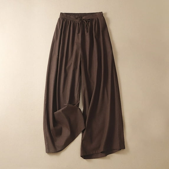 Wide Leg Pants for Women Drawstring Solid Color Vintage Capri Pant Winter Baggy Cotton Casual Trousers