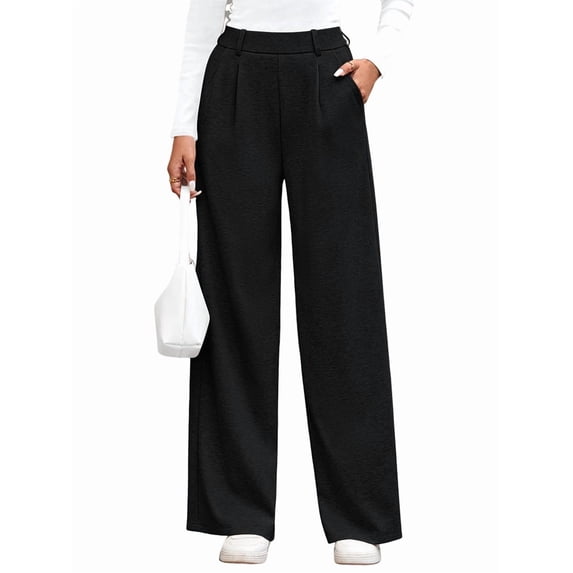 Wide Leg Pants for Women Dressy Work Business Casual Elastic High Waisted Trousers Ribbed Lounge Palazzo Pants Black XXL