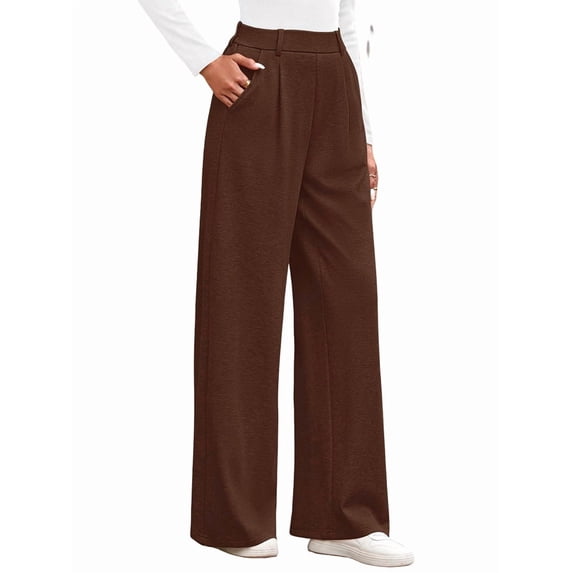 Wide Leg Pants for Women Dressy Work Business Casual Elastic High Waisted Trousers Ribbed Lounge Palazzo Pants Brown M