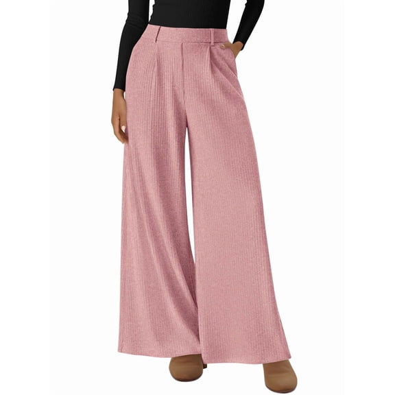 Wide Leg Pants for Women Dressy Work Business Casual Elastic High Waisted Trousers Ribbed Lounge Palazzo Pants Pink M