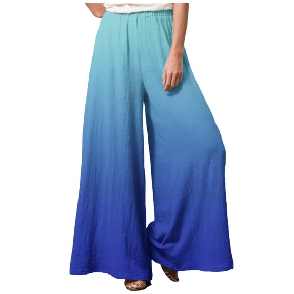 Wide Leg Pants for Women Elastic High Waist Gradient Palazzo Pants Casual Baggy Flowy Plus Size Lounge Trousers Blue
