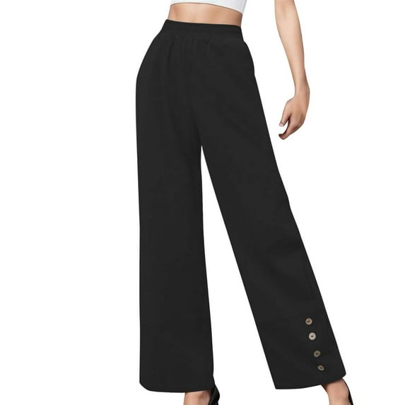 Wide Leg Pants for Women Elastic High Waisted Button Straight Leg Trouser Casual Loose Comfy Lounge Pants Black