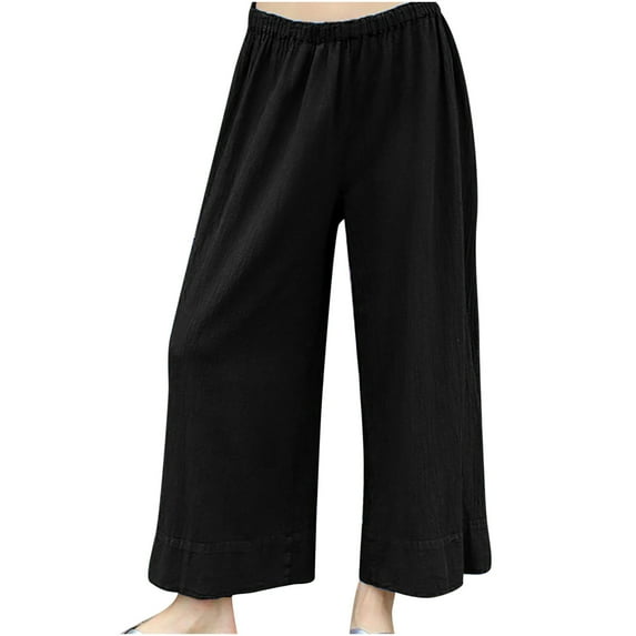 Wide Leg Pants for Women Elastic Waist Cotton Linen Palazzo Pants Casual Baggy Cropped Versatile Lounge Trousers Black