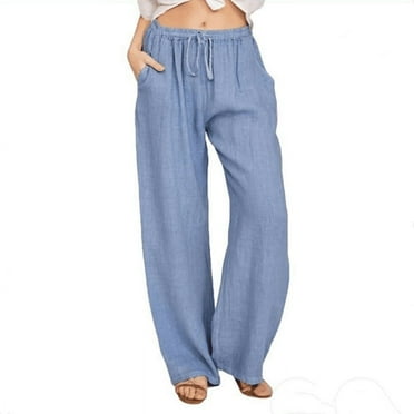 Wide Leg Pants for Women Elastic Waist Drawstring Cotton Linen Pants Casual Loose Fit Lounge Trousers with Pockets