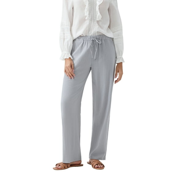 Wide Leg Pants for Women Elastic Waist Drawstring Cotton Linen Pants Casual Loose Fit Lounge Trousers with Pockets