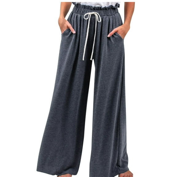Wide Leg Pants for Women Elastic Waist Drawstring Palazzo Pants Casual Baggy Flowy Lounge Trousers with Pockets