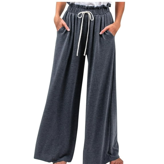 Wide Leg Pants for Women Elastic Waist Drawstring Palazzo Pants Casual Baggy Flowy Lounge Trousers with Pockets