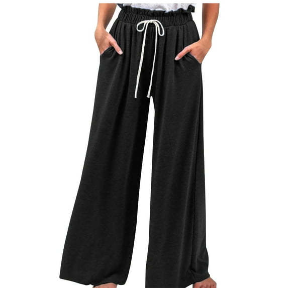 Wide Leg Pants for Women Elastic Waist Drawstring Palazzo Pants Casual Baggy Flowy Lounge Trousers with Pockets