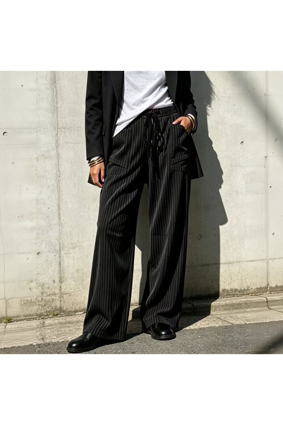Wide Leg Pants for Women Elastic Waist Drawstring Palazzo Trousers Casual Ribbed Textured Loose Pants with Pockets, 2XL