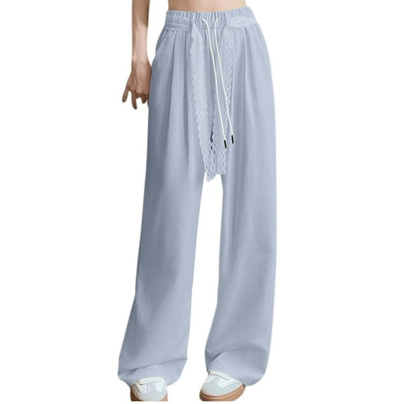 Wide Leg Pants for Women Elastic Waist Loose Sweatpants Casual Trousers with Lace Belt Blue L