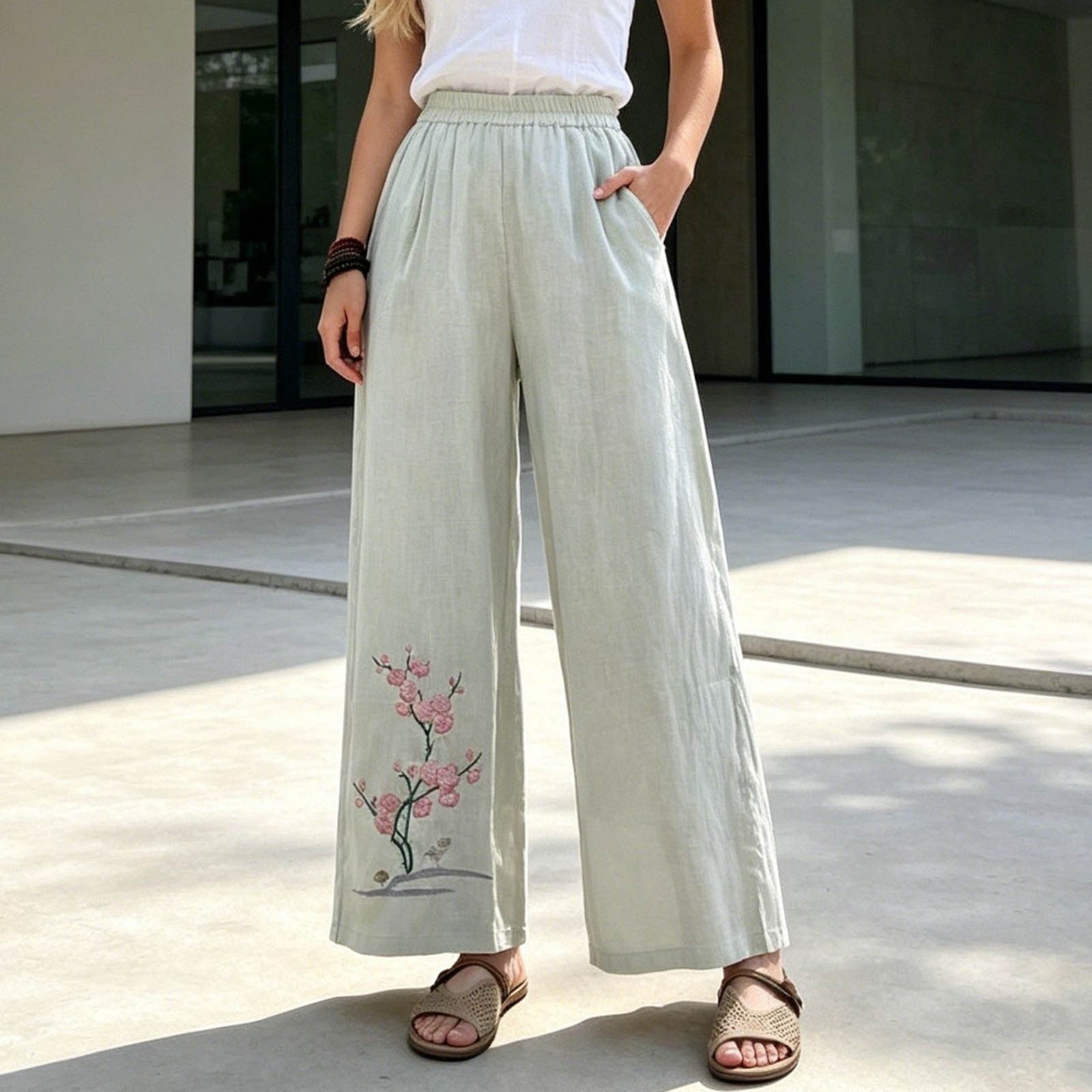 Wide Leg Pants for Women Floral Embroidered Lounge Pant Elastic