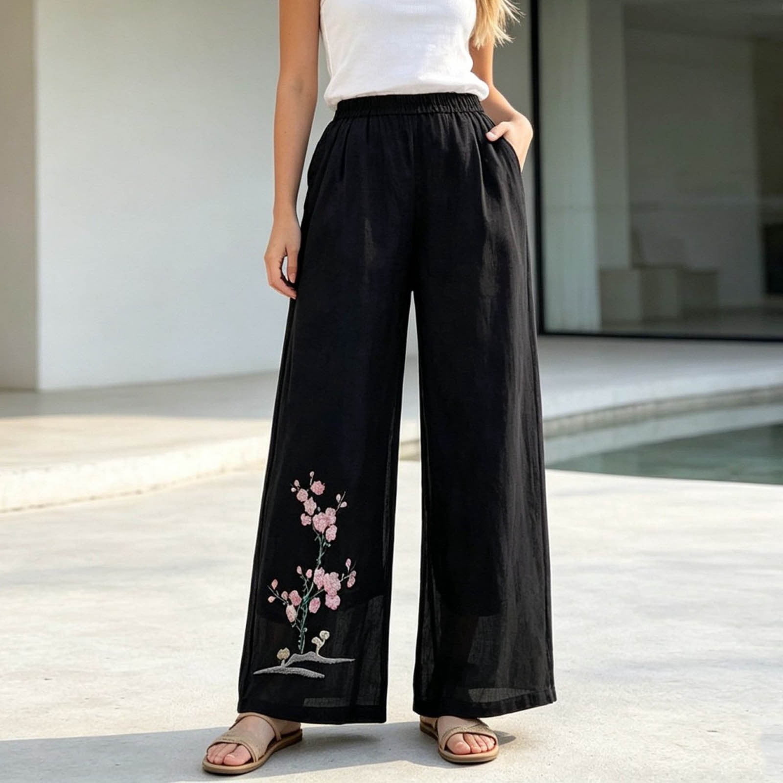 Wide Leg Pants for Women Floral Embroidered Lounge Pant Elastic