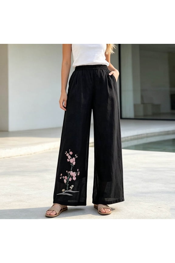 Wide Leg Pants for Women Floral Embroidered Lounge Pant Elastic Waist Summer Beach Vacation Straight Slacks, 2026 New Limited-time Off