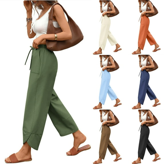 Wide-Leg Pants for Women Flowy Casual Drawstring Waist Wide Leg Solid Color Pants Elastic-Waistband Pocket Pants