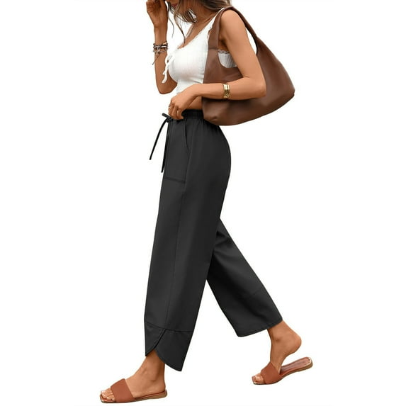 Wide-Leg Pants for Women Flowy Casual Drawstring Waist Wide Leg Solid Color Pants Elastic-Waistband Pocket Pants