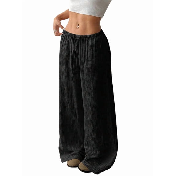 Wide Leg Pants for Women Flowy Palazzo Drawstring Elastic Waist Trousers Beach Vacation Clothes Black XL