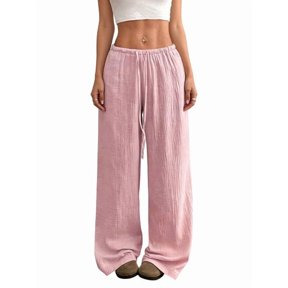 Wide Leg Pants for Women Flowy Palazzo Drawstring Elastic Waist Trousers Beach Vacation Clothes Pink M