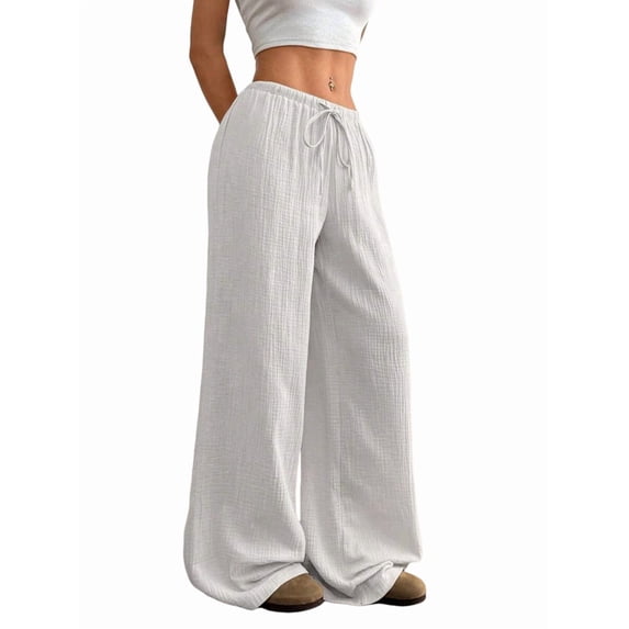 Wide Leg Pants for Women Flowy Palazzo Drawstring Elastic Waist Trousers Beach Vacation Clothes White XXXL
