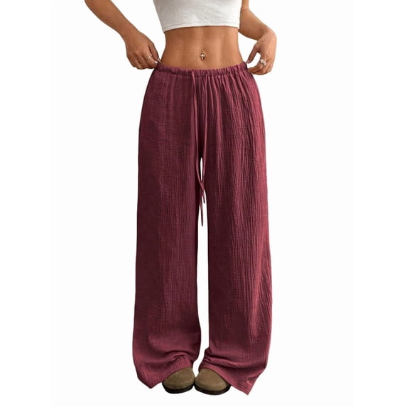 Wide Leg Pants for Women Flowy Palazzo Drawstring Elastic Waist Trousers Beach Vacation Clothes Wine Red 4XL
