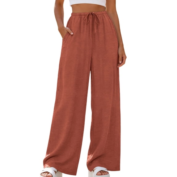 Wide Leg Pants for Women Flowy Palazzo Drawstring Elastic Waist Trousers with Pockets Summer Beach Vacation Clothes Red