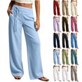 thumbnail image 1 of Wide Leg Pants for Women Flowy Palazzo Drawstring Elastic Waist Trousers with Pockets Summer Beach Vacation Clothes, 1 of 7