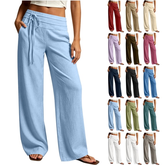 Wide Leg Pants for Women Flowy Palazzo Drawstring Elastic Waist Trousers with Pockets Summer Beach Vacation Clothes