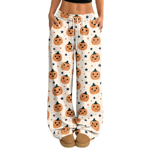 Wide Leg Pants for Women Halloween Pumpkin Star Print High Waist Drawstring with Side Pockets Loose Fit Lounge Pajama Pants for Relaxed Days Beige L