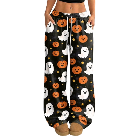Wide Leg Pants for Women Halloween Pumpkin Star Print High Waist Drawstring with Side Pockets Loose Fit Lounge Pajama Pants for Relaxed Days Black XL