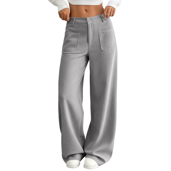 Wide Leg Pants for Women High Waist Casual Trousers Solid Color Corduroy Long Pants with Pockets
