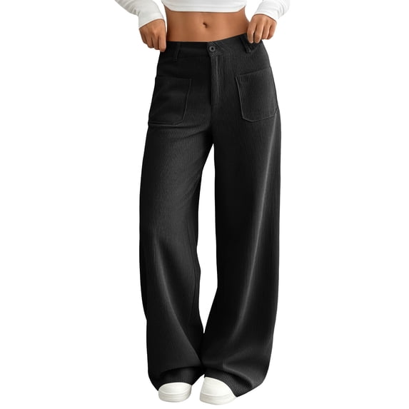 Wide Leg Pants for Women High Waist Casual Trousers Solid Color Corduroy Long Pants with Pockets