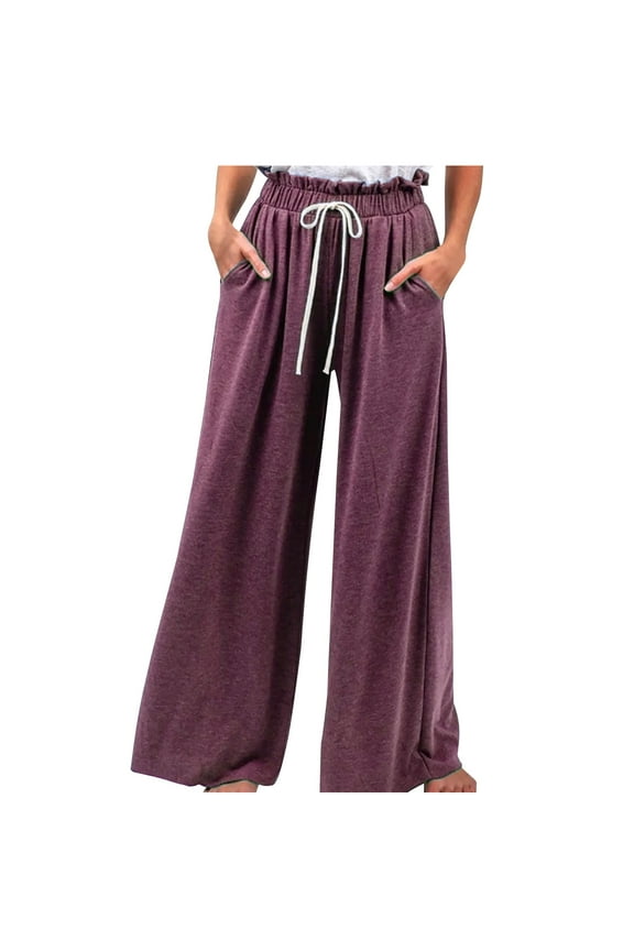 Wide Leg Pants for Women High Waist Drawstring Cotton Palazzo Pants Plus Size Solid Color Baggy Ankle Sweatpants with Pockets