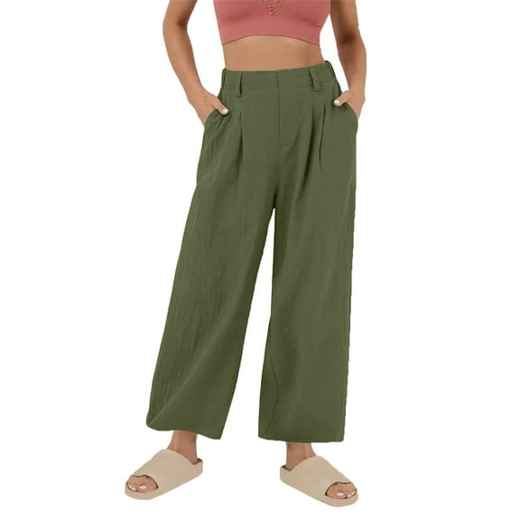 Wide Leg Pants for Women High Waist Linen Flowy Pleated Capris Dressy Casual Work Cropped Trousers Pants with Pockets
