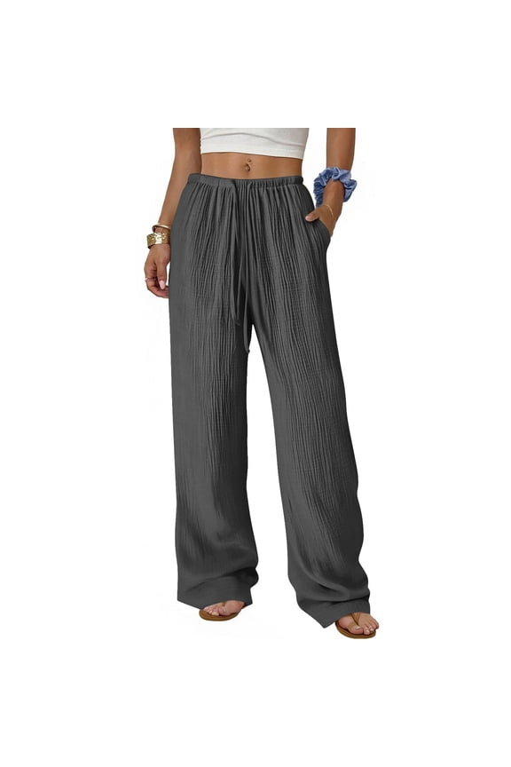Wide Leg Pants for Women High Waisted Drawstring Palazzo Trousers Flowy Linen Feel Bottoms Crinkle Textured Detail Summer Beach -wear