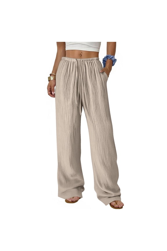 Wide Leg Pants for Women High Waisted Drawstring Palazzo Trousers Flowy Linen Feel Bottoms Crinkle Textured Detail Summer Beach -wear