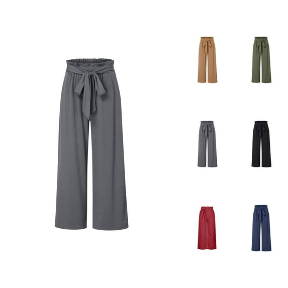 Wide Leg Pants for Women High Waisted Palazzo Tied Belt Baggy Flowy Summer Casual Beach Pants with Pockets