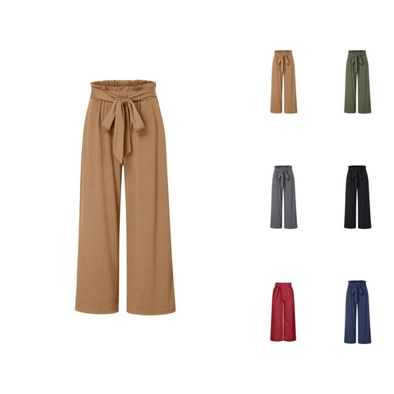 Wide Leg Pants for Women High Waisted Palazzo Tied Belt Baggy Flowy Summer Casual Beach Pants with Pockets