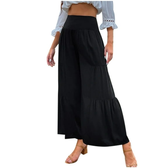 Wide Leg Pants for Women High Waisted Solid Ruffle Cotton Linen Pants Casual Baggy Flowy Summer Lounge Trousers Black