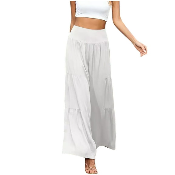 Wide Leg Pants for Women High Waisted Solid Ruffle Cotton Linen Pants Casual Baggy Flowy Summer Lounge Trousers White
