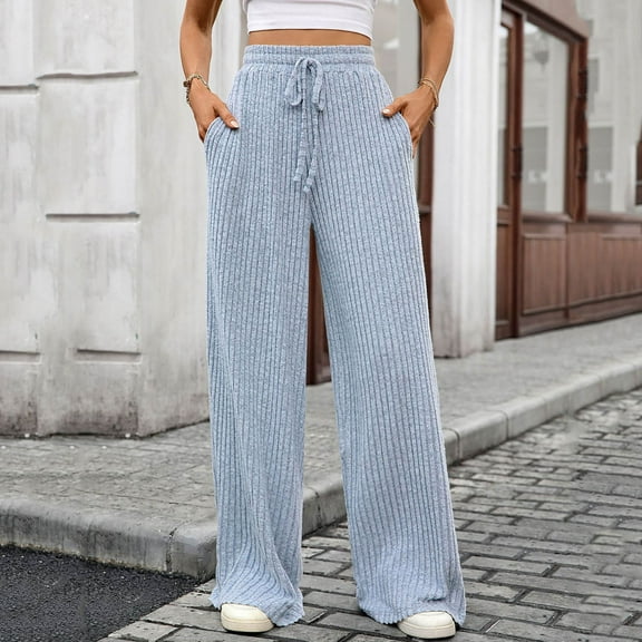 Wide Leg Pants for Women High Waisted Texture Ribbed Knit Soft Comfy Long Trouser with Drawstring Pockets